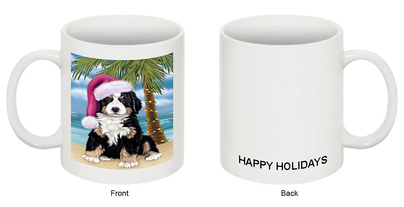 Summertime Happy Holidays Christmas Bernese Dog on Tropical Island Beach Mug