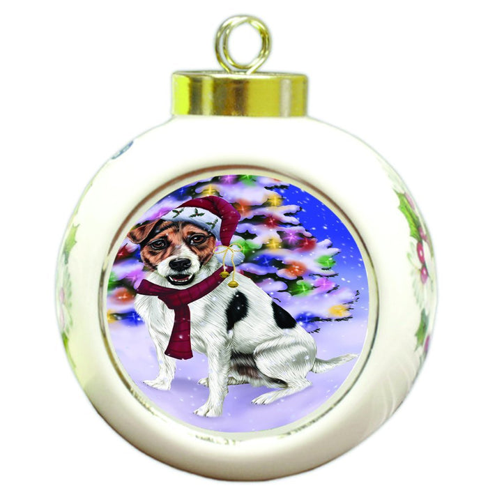 Winterland Wonderland Jack Russel Dog In Christmas Holiday Scenic Background Round Ball Ornament D573