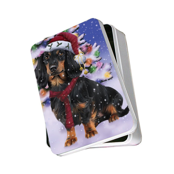 Winterland Wonderland Dachshunds Dog In Christmas Holiday Scenic Background Photo Storage Tin