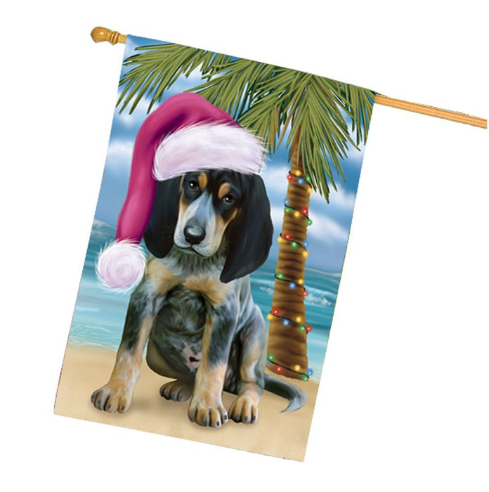 Summertime Happy Holidays Christmas Bluetick Coonhound Dog on Tropical Island Beach House Flag