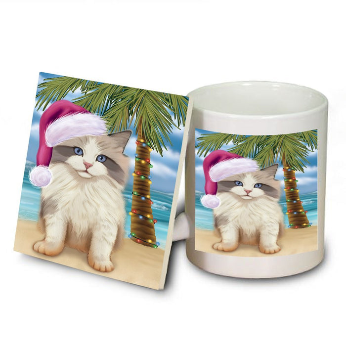 Summertime Ragdoll Kitten on Beach Christmas Mug and Coaster Set MUC0712