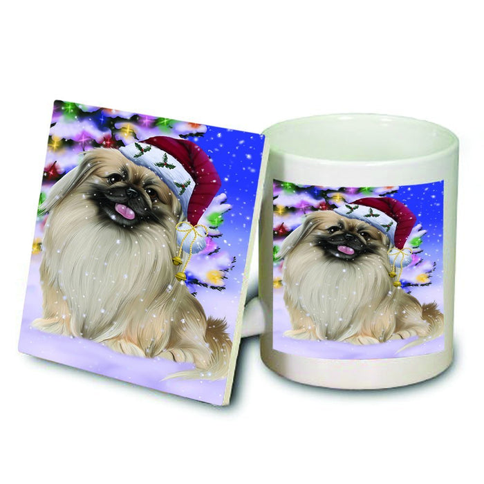 Winterland Wonderland Pekingese Dog In Christmas Holiday Scenic Background Mug and Coaster Set