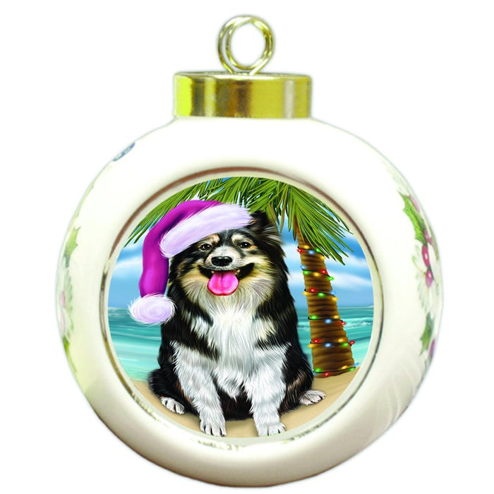 Summertime Happy Holidays Christmas Australian Shepherd Dog on Tropical Island Beach Round Ball Ornament D487
