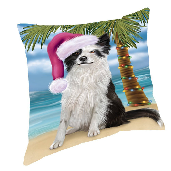Summertime Happy Holidays Christmas Border Collie Dog on Tropical Island Beach Throw Pillow