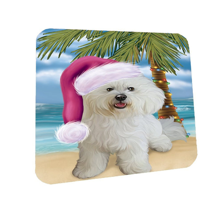 Summertime Happy Holidays Christmas Bichon Frise Dog on Tropical Island Beach Coasters Set of 4