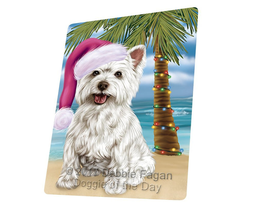 Summertime Happy Holidays Christmas West Highland Terriers Dog on Tropical Island Beach Tempered Cutting Board