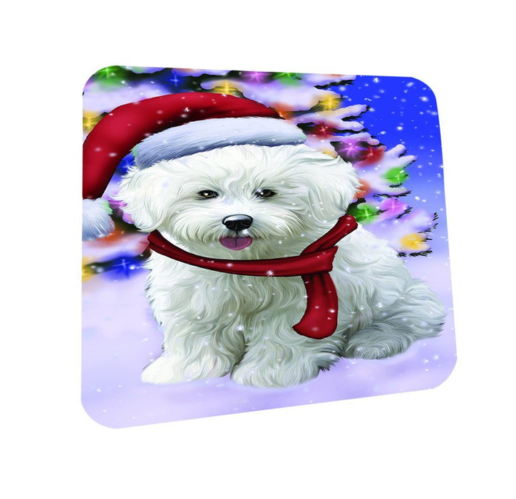 Winterland Wonderland Bichon Dog In Christmas Holiday Scenic Background Coasters Set of 4