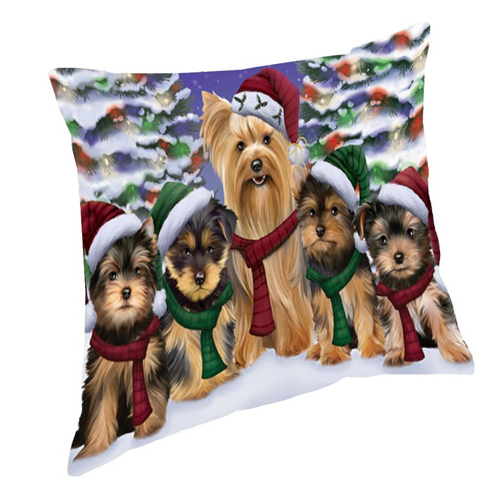 Yorkshire Terriers Dog Christmas Family Portrait in Holiday Scenic Background Throw Pillow
