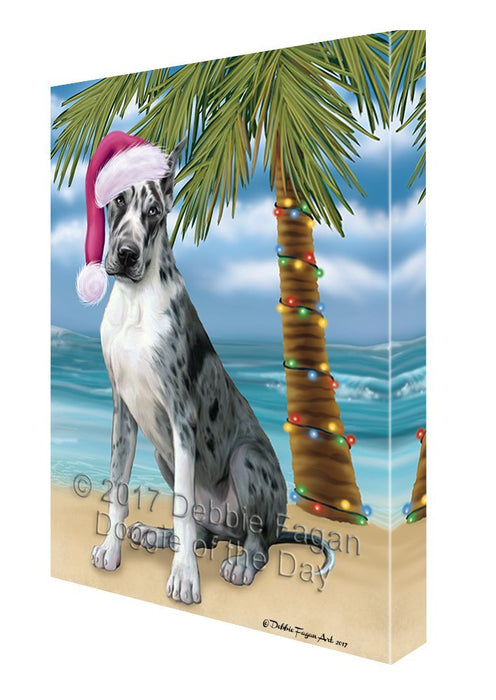 Summertime Happy Holidays Christmas Great Dane Dog on Tropical Island Beach Canvas Wall Art