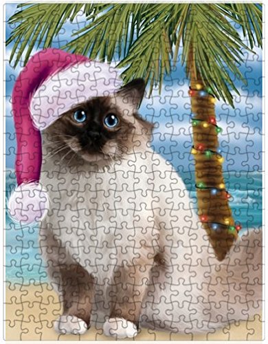 Summertime Happy Holidays Christmas Birman Cat on Tropical Island Beach Puzzle with Photo Tin
