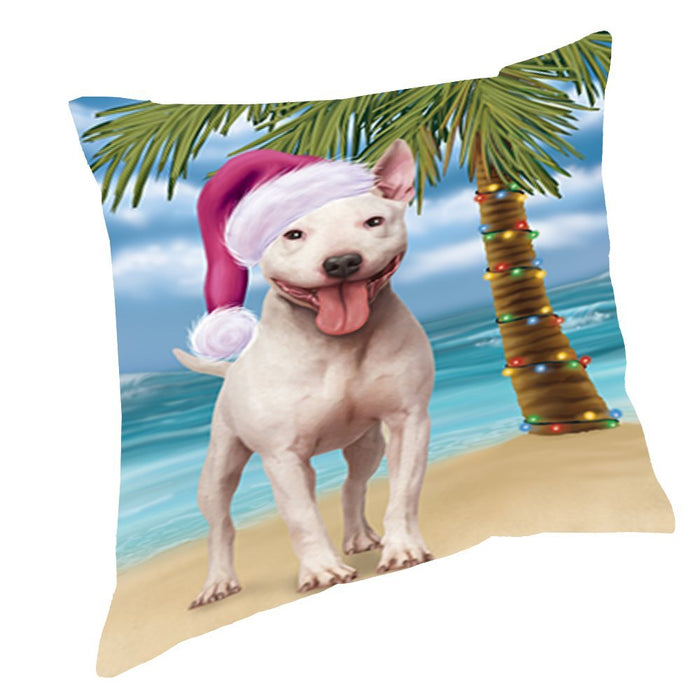Summertime Christmas Happy Holidays Bull Terrier Dog on Beach Throw Pillow PIL1448