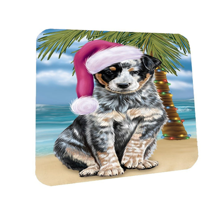 Summertime Happy Holidays Christmas Australian Cattle Dog on Tropical Island Beach Coasters Set of 4