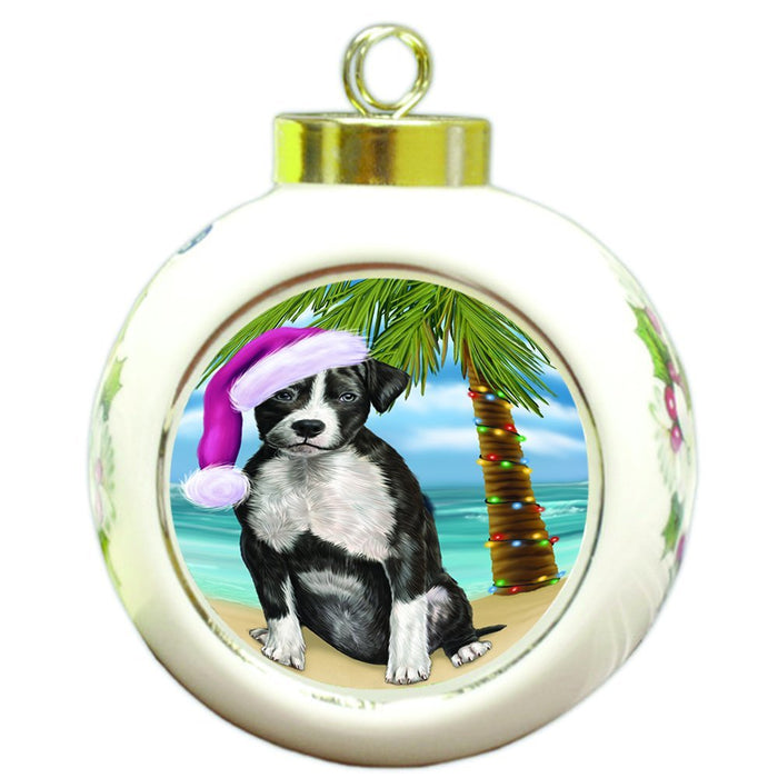Summertime Happy Holidays Christmas American Staffordshire Terrier Dog on Tropical Island Beach Round Ball Ornament D484