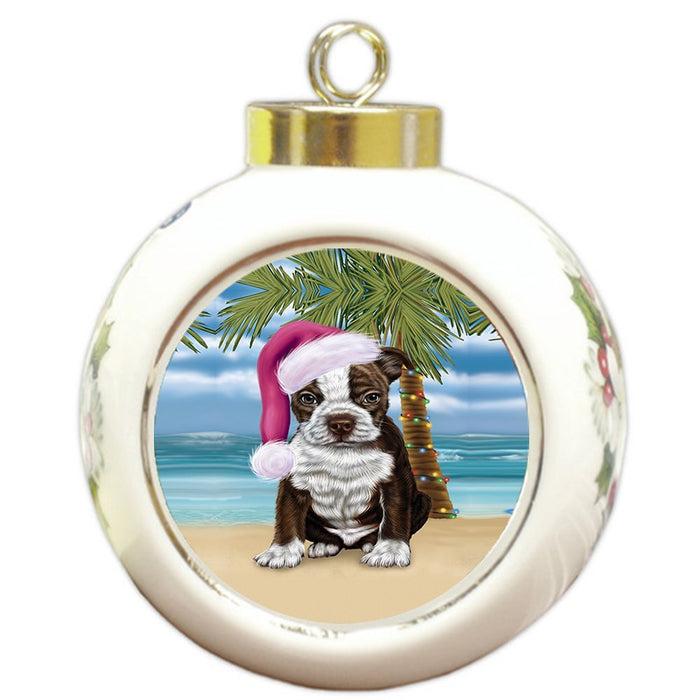 Summertime Happy Holidays Christmas Boston Terriers Dog on Tropical Island Beach Round Ball Ornament