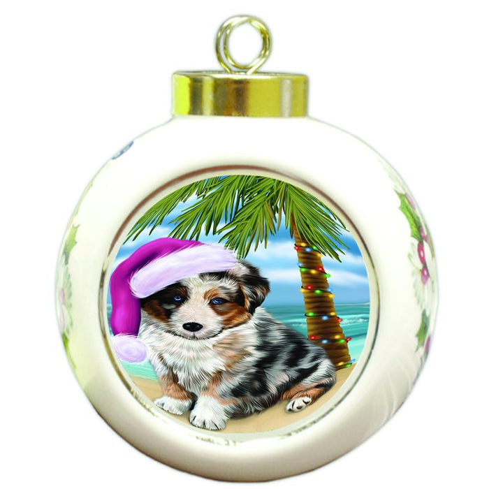 Summertime Happy Holidays Christmas Australian Shepherd Dog on Tropical Island Beach Round Ball Ornament D486