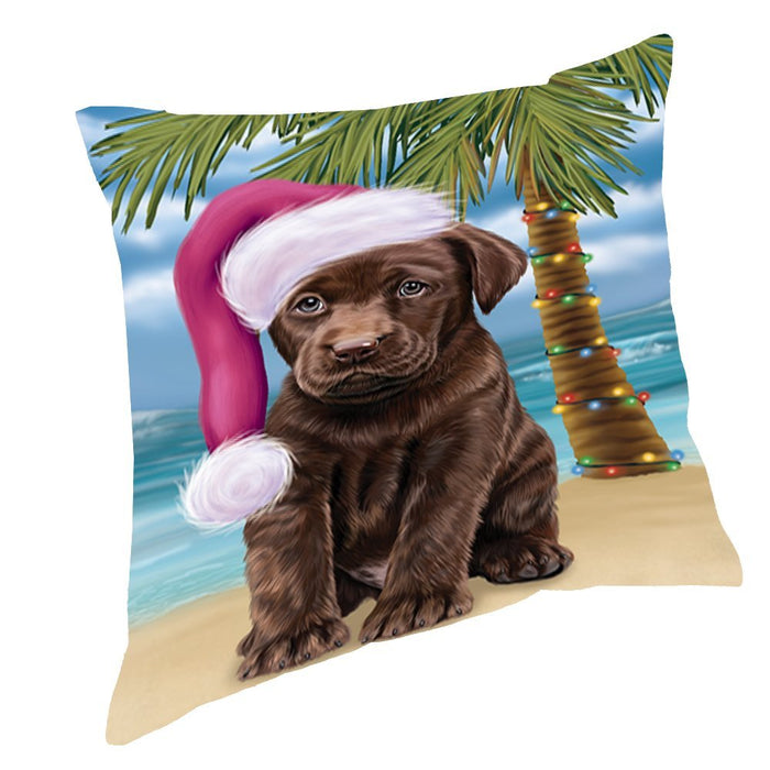 Summertime Happy Holidays Christmas Labradors Dog on Tropical Island Beach Throw Pillow