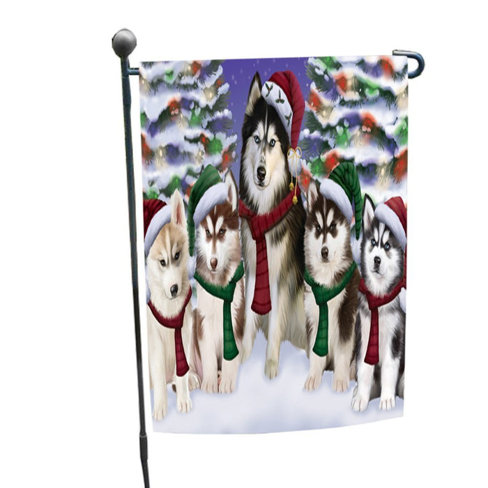 Siberian Huskies Dog Christmas Family Portrait in Holiday Scenic Background Garden Flag