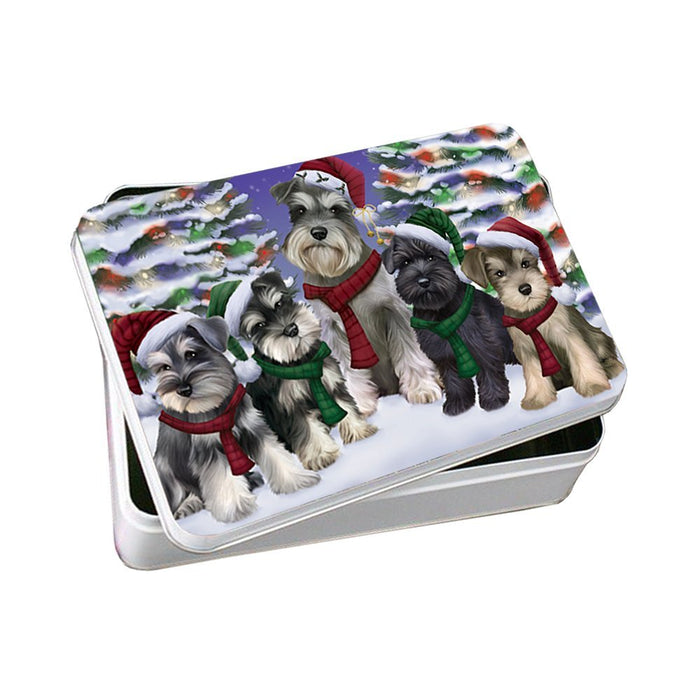 Schnauzers Dog Christmas Family Portrait in Holiday Scenic Background Photo Storage Tin