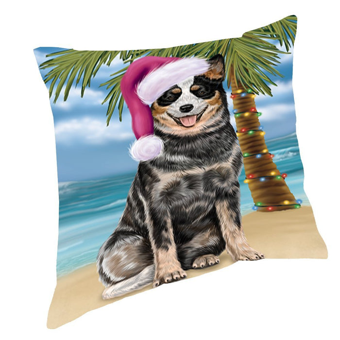 Summertime Happy Holidays Christmas Australian Cattle Dog Dog on Tropical Island Beach Throw Pillow