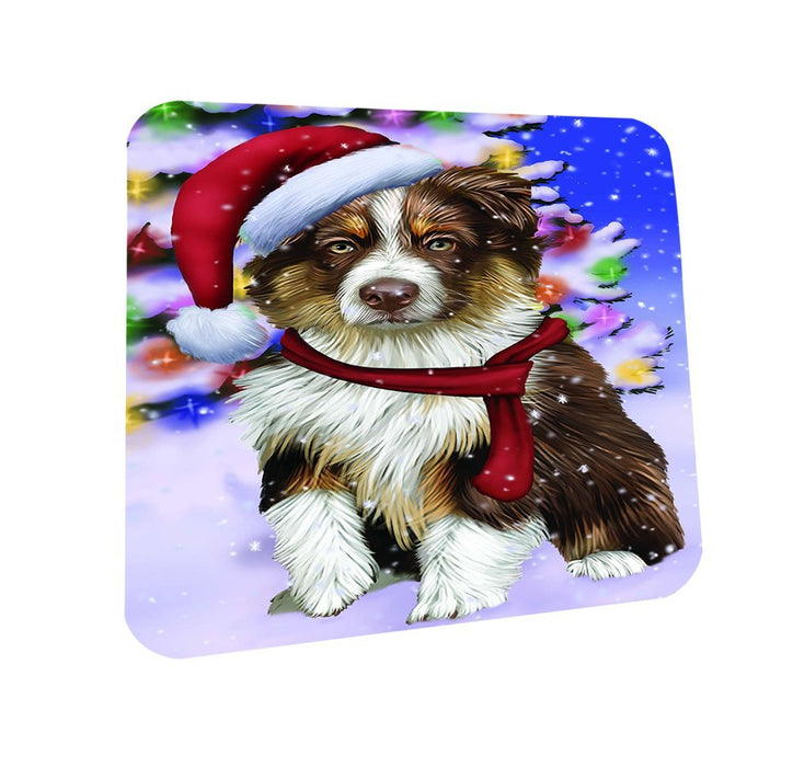 Winterland Wonderland Australian Shepherds Dog In Christmas Holiday Scenic Background Coasters Set of 4