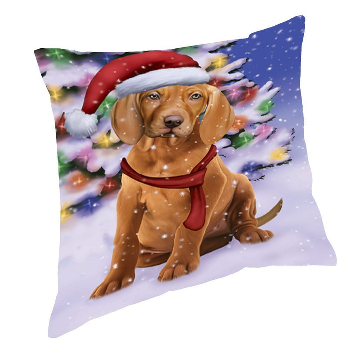 Winterland Wonderland Vizsla Puppy Dog In Christmas Holiday Scenic Background Throw Pillow
