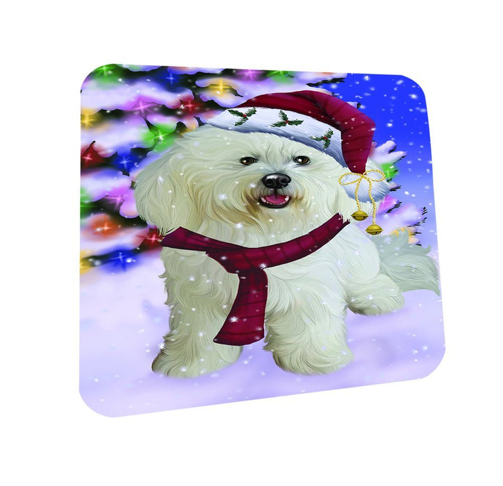 Winterland Wonderland Bichon Dog In Christmas Holiday Scenic Background Coasters Set of 4