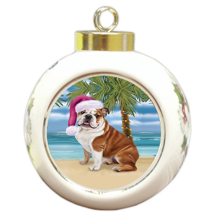 Summertime Happy Holidays Christmas Bulldog Dog on Tropical Island Beach Round Ball Ornament