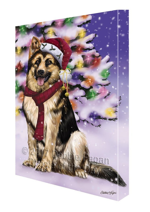 Winterland Wonderland German Shepherd Adult Dog In Christmas Holiday Scenic Background Painting Printed on Canvas Wall Art