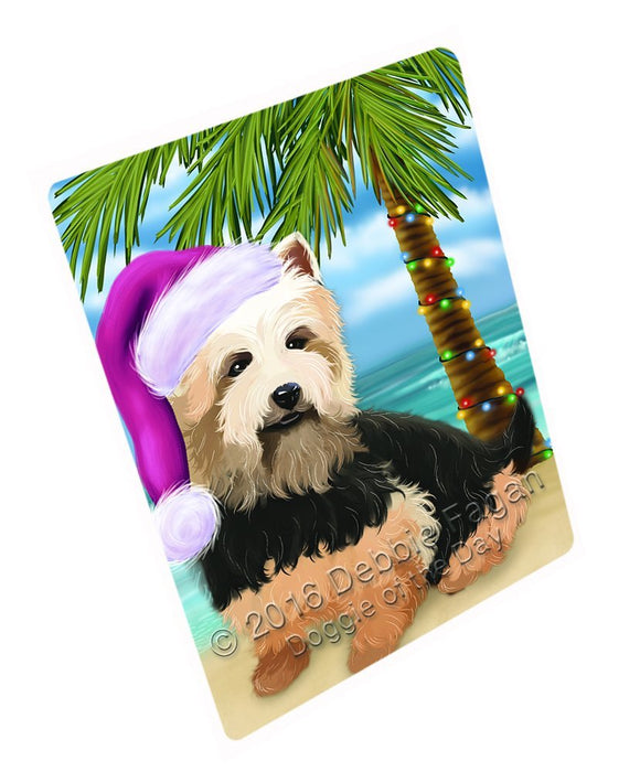 Summertime Happy Holidays Christmas Australian Terriers Dog on Tropical Island Beach Tempered Cutting Board (Small)