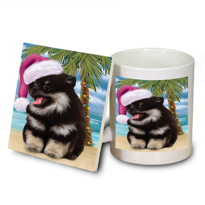Summertime Pomeranian Spitz Dog on Beach Christmas Mug and Coaster Set MUC0676