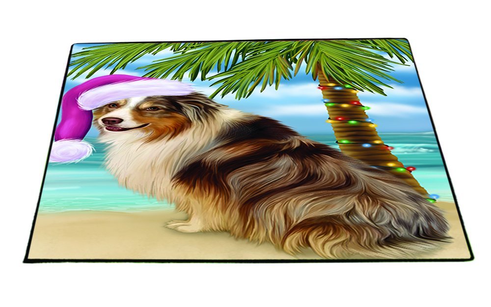 Summertime Happy Holidays Christmas Australian Shepherd Dog on Tropical Island Beach Indoor/Outdoor Floormat