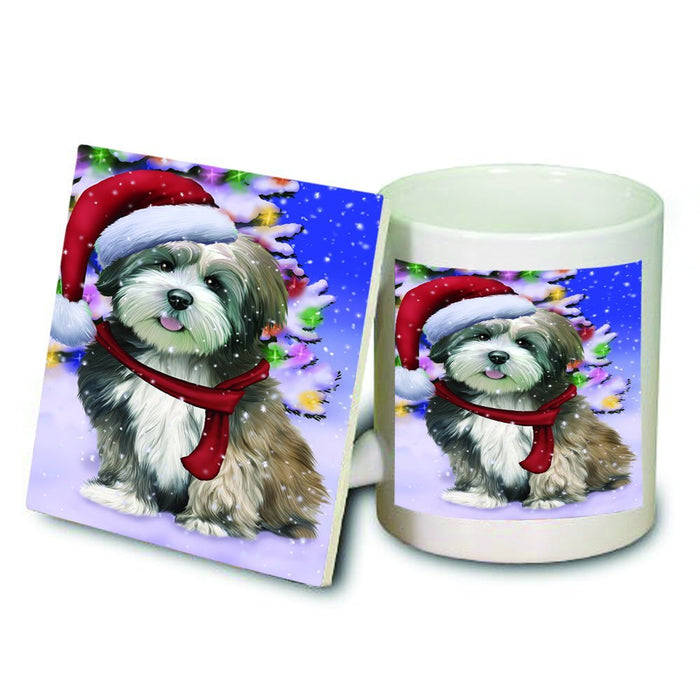 Winterland Wonderland Lhasa Apso Dog In Christmas Holiday Scenic Background Mug and Coaster Set