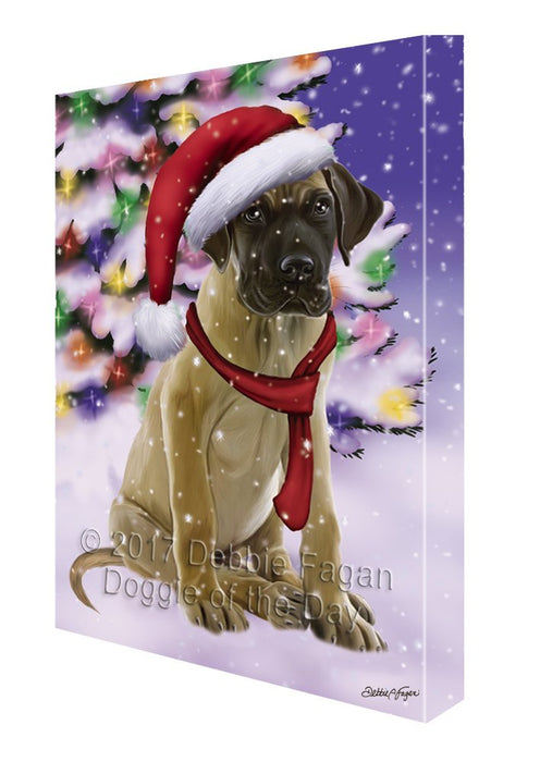 Winterland Wonderland Great Dane Puppy Dog In Christmas Holiday Scenic Background Painting Printed on Canvas Wall Art
