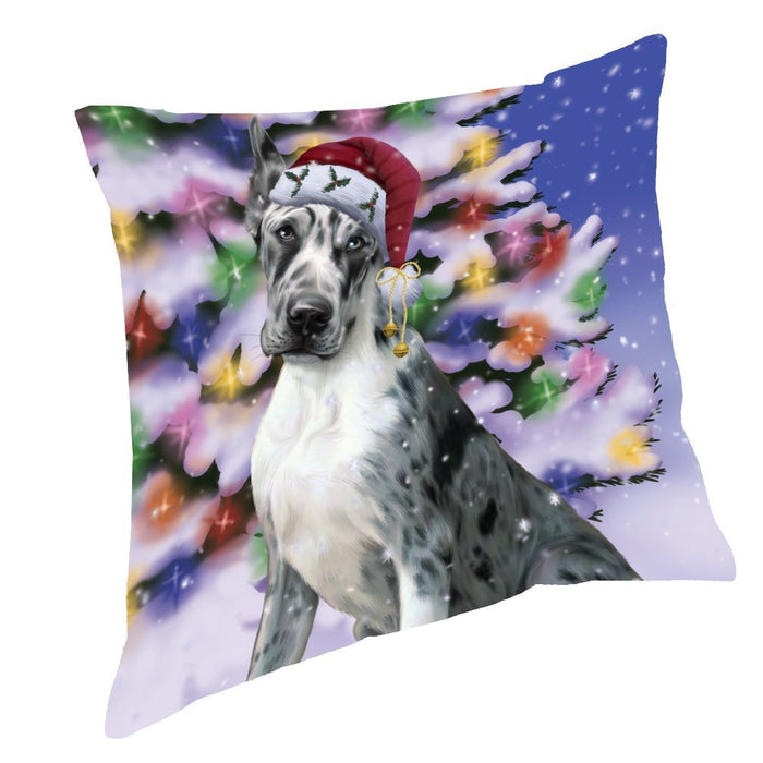 Winterland Wonderland Great Dane Dog In Christmas Holiday Scenic Background Throw Pillow