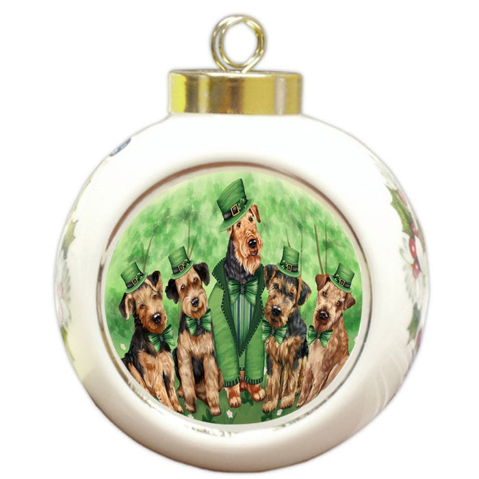 St. Patricks Day Irish Family Portrait Airedale Terriers Dog Round Ball Christmas Ornament RBPOR48448