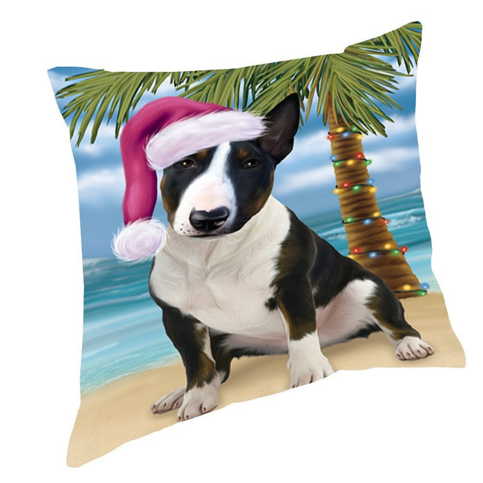 Summertime Happy Holidays Christmas Bull Terrier Dog on Tropical Island Beach Throw Pillow