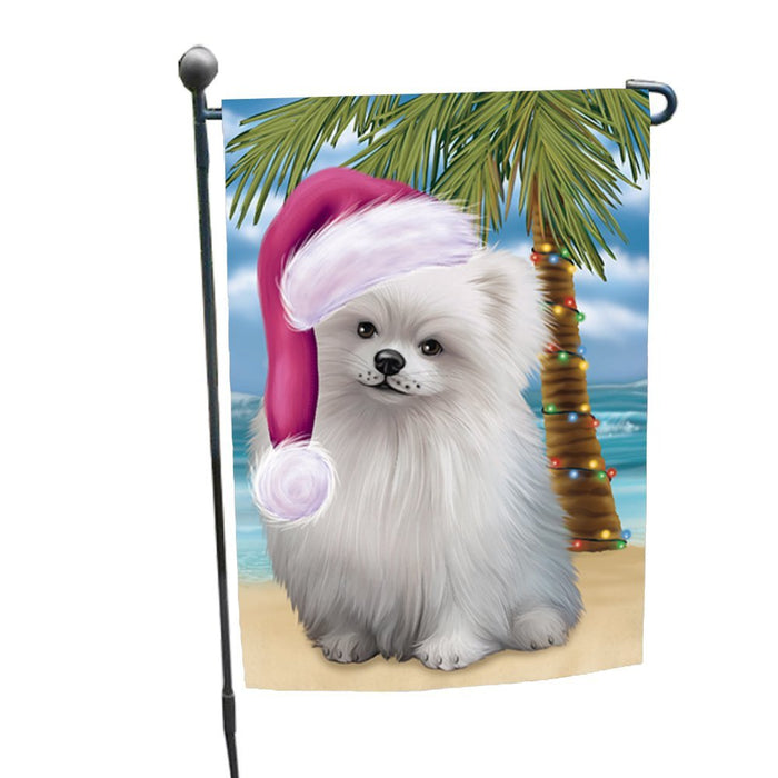 Summertime Happy Holidays Christmas Pomeranians Dog on Tropical Island Beach Garden Flag