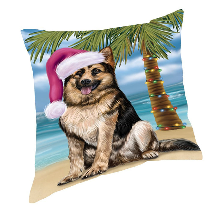 Summertime Happy Holidays Christmas German Shepherd Dog on Tropical Island Beach Throw Pillow