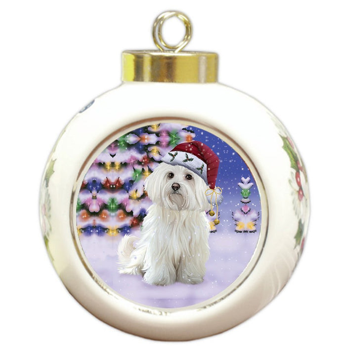 Winterland Wonderland Maltese Dog In Christmas Holiday Scenic Background Round Ball Ornament