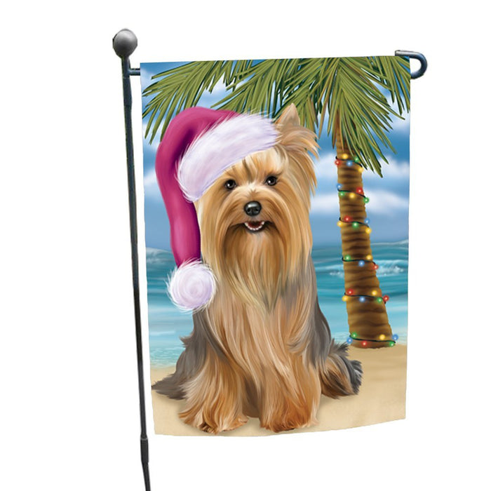 Summertime Happy Holidays Christmas Yorkshire Terriers Dog on Tropical Island Beach Garden Flag