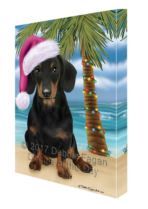 Summertime Happy Holidays Christmas Dachshund Dog on Tropical Island Beach Canvas Wall Art D104
