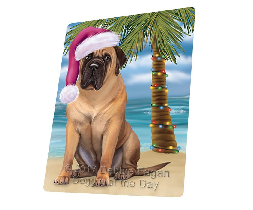 Summertime Happy Holidays Christmas Bull Mastiff Dog on Tropical Island Beach Tempered Cutting Board