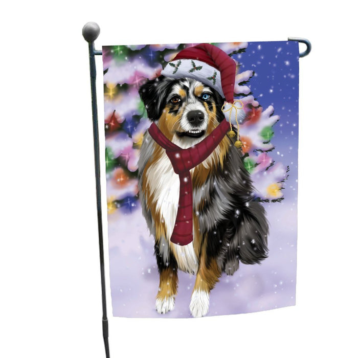 Winterland Wonderland Australian Shepherds Dog In Christmas Holiday Scenic Background Garden Flag