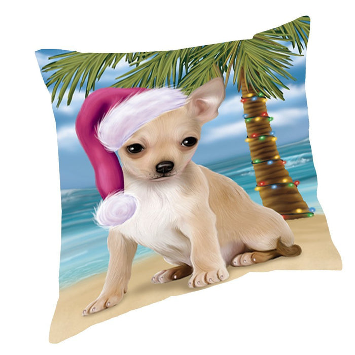 Summertime Happy Holidays Christmas Chihuahua Dog on Tropical Island Beach Throw Pillow