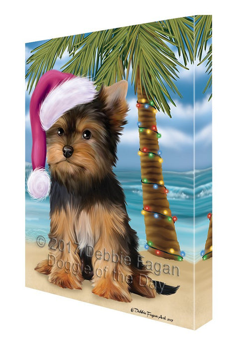 Summertime Happy Holidays Christmas Yorkshire Terriers Dog on Tropical Island Beach Canvas Wall Art