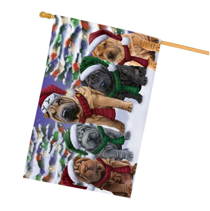 Shar Pei Dog Christmas Family Portrait in Holiday Scenic Background House Flag