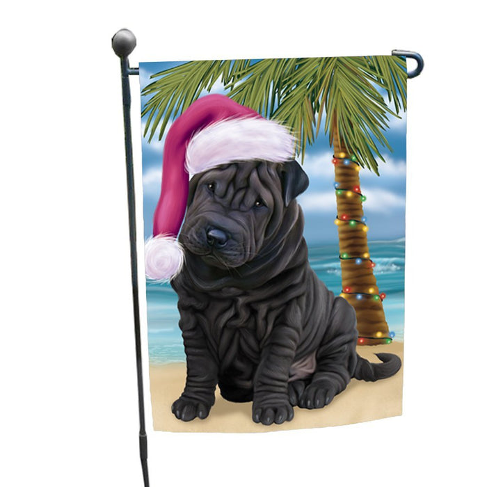 Summertime Happy Holidays Christmas Shar Pei Dog on Tropical Island Beach Garden Flag