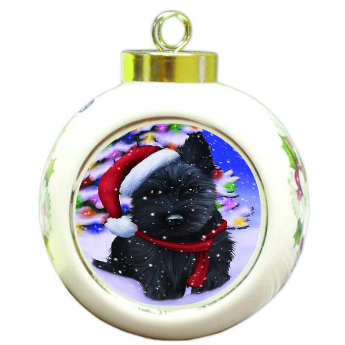 Winterland Wonderland Scottish Terrier Dog In Christmas Holiday Scenic Background Round Ball Ornament D534