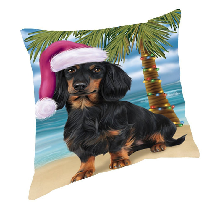 Summertime Happy Holidays Christmas Dachshunds Dog on Tropical Island Beach Throw Pillow