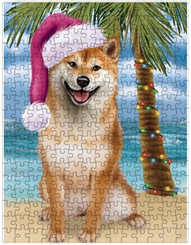 Summertime Happy Holidays Christmas Shiba Inu Dog on Tropical Island Beach Puzzle with Photo Tin